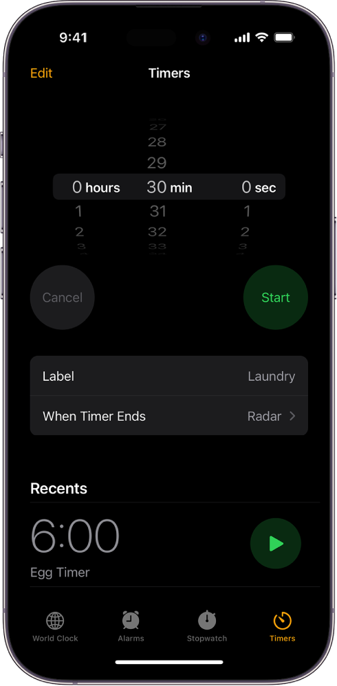 A screen for adding a timer, with settings to set a timer, and a button to start a recently created timer.