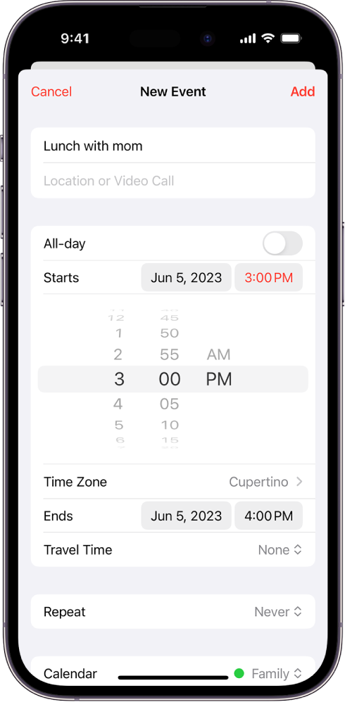 A calendar event showing settings for the time and time zone of the event.