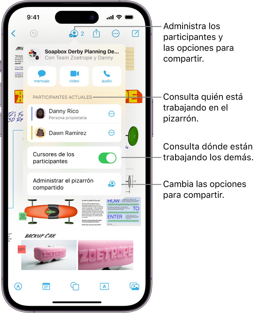 Un pizarrón compartido de Freeform en el iPhone con el menú de colaboración abierto.