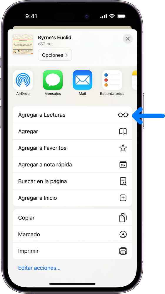 En Safari, se tocó el botón Compartir en una página web para que se muestre una lista de opciones que incluye Agregar a lecturas.