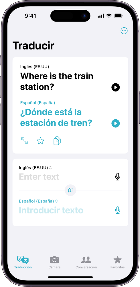 La pestaña Traducción mostrando una frase traducida del inglés al español. Debajo de la frase traducido está el campo para ingresar texto.