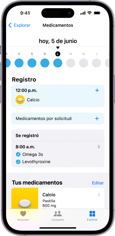 La pantalla de Medicamentos en la app Salud mostrando una fecha y un registro de medicamentos.