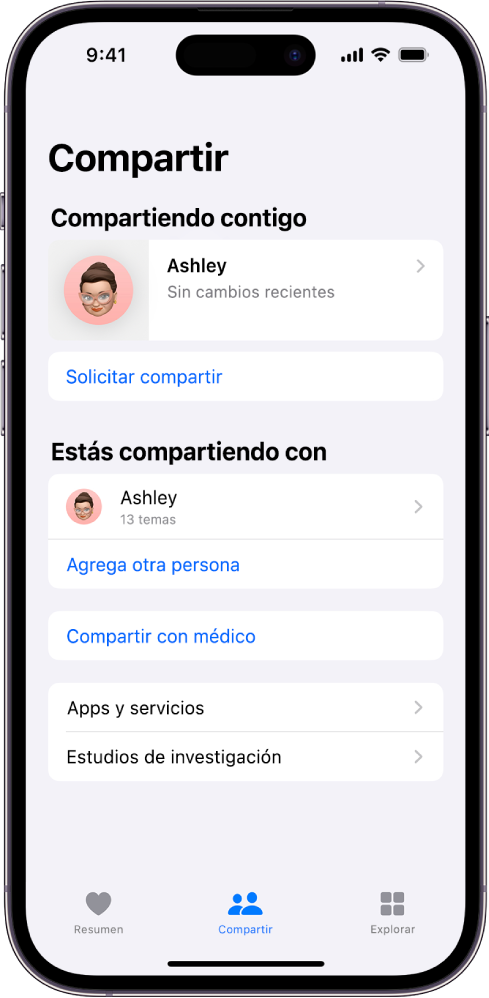 La pantalla Compartir mostrando que una persona comparte datos contigo.