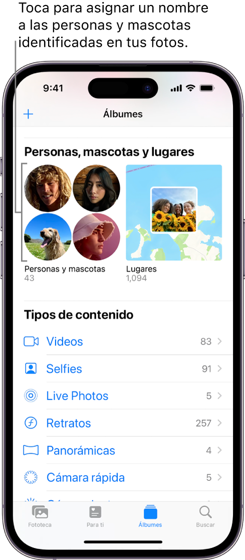 La pantalla Álbumes de la app Fotos. En la parte superior de la pantalla está Personas y mascotas.