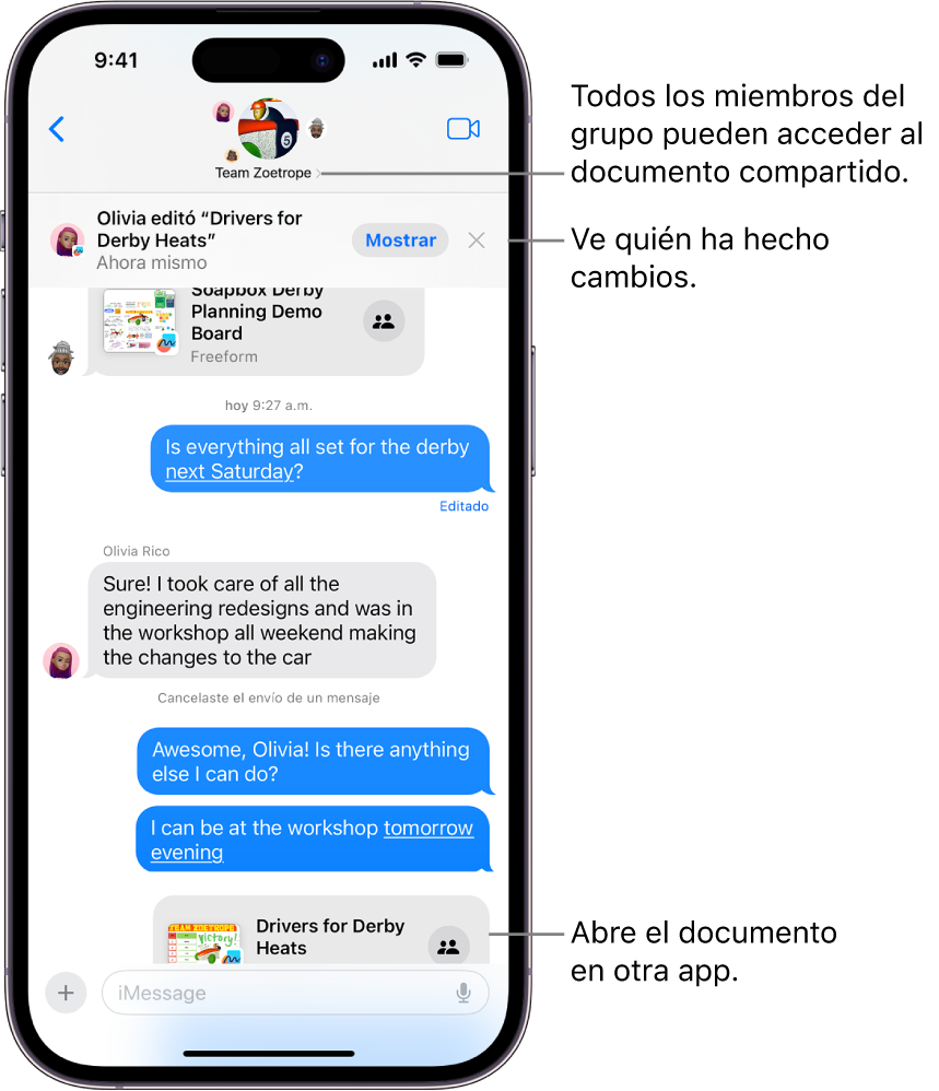 Una conversación grupal en Mensajes incluyendo una invitación de colaboración y actualizaciones en la parte superior de la ventana de la conversación.