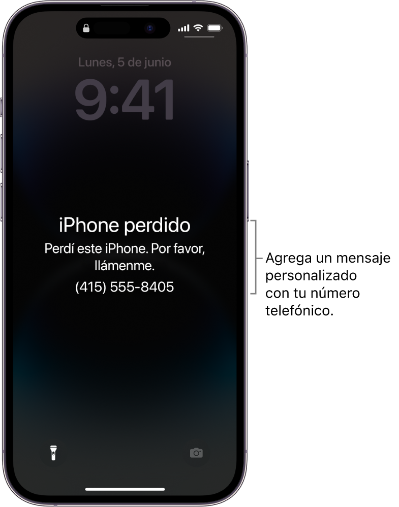 La pantalla bloqueada con el mensaje de un iPhone perdido. Puedes agregar un mensaje personalizado con tu número telefónico.
