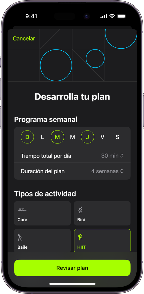 La pantalla Plan personalizando mostrando la configuración para elegir un programa semanal y la duración del plan. Los tipos de actividad disponibles y el botón Revisar plan están en el área inferior.