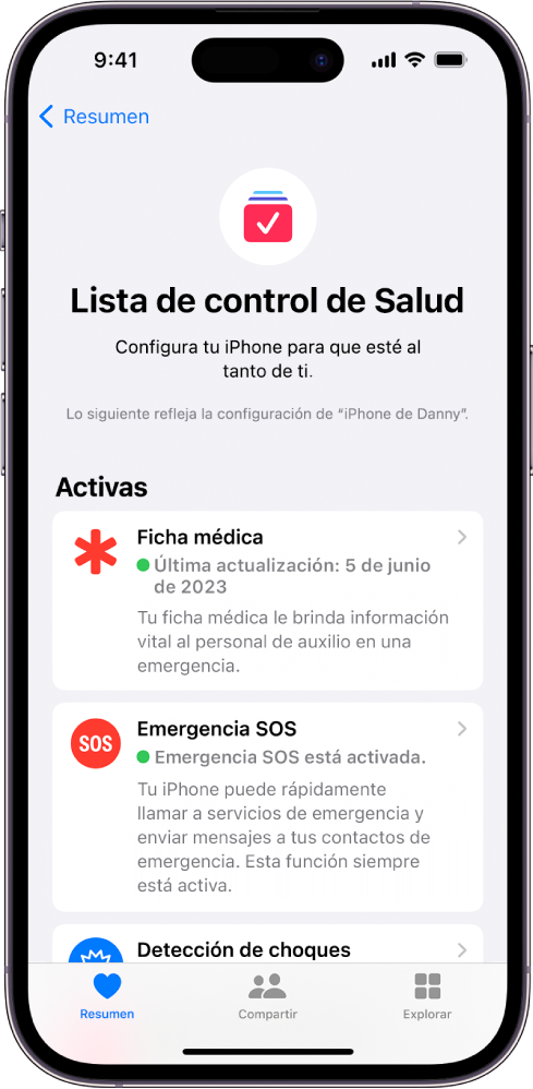 La pantalla Lista de control de la app Salud mostrando que las funciones Ficha médica, Emergencia SOS y Notificaciones de detección de choques están activadas.