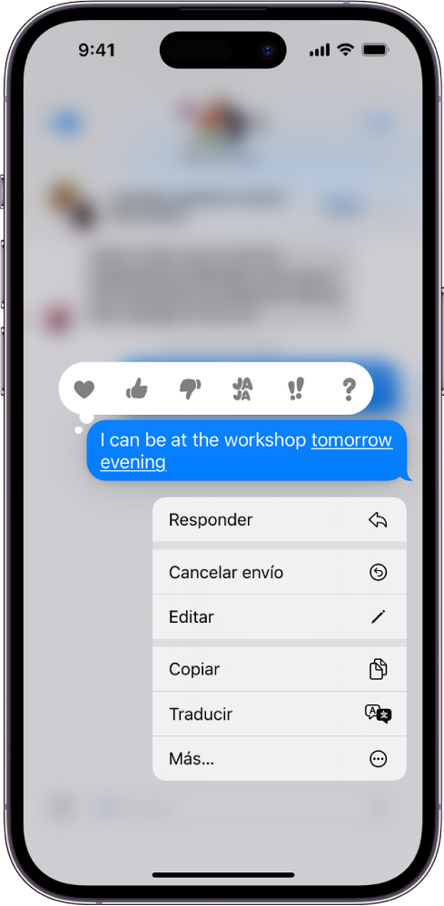 Un mensaje de texto en la app Mensajes mostrando el menú Cancelar envío y Editar. El resto de la conversación está difuminada, excepto el texto que se seleccionó.