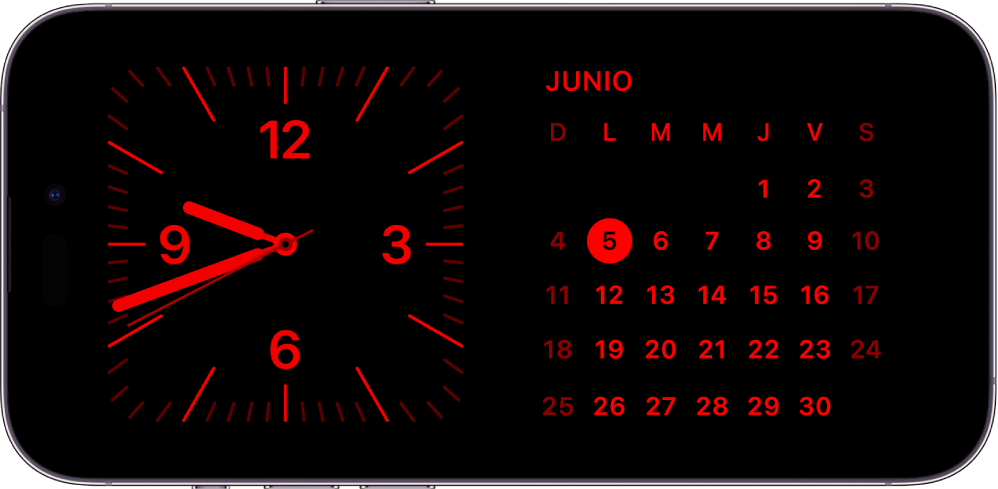 El iPhone en modo En espera con luz ambiental tenue, mostrando los widgets de Reloj y Calendario en un tono rojizo.