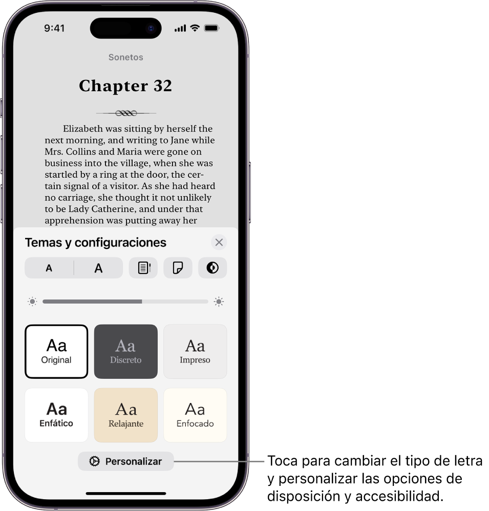 Una página en un libro en la app Libros. Las opciones de temas y configuraciones muestran controles para el tamaño de letra, la visualización de desplazamiento, el estilo de pasar páginas, el brillo y los estilos de tipo de letra.