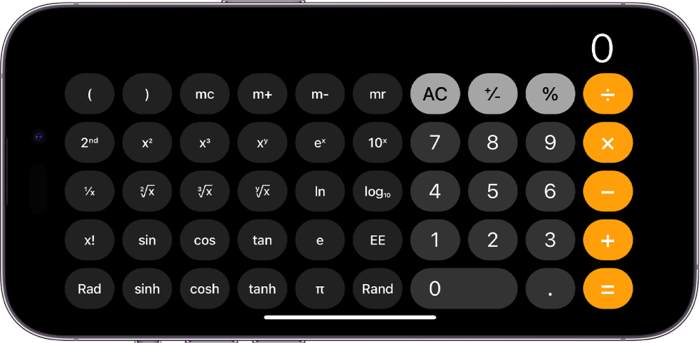 iPhone en modo horizonal mostrando la calculadora científica para funciones con exponenciales, logaritmos y trigonometría.