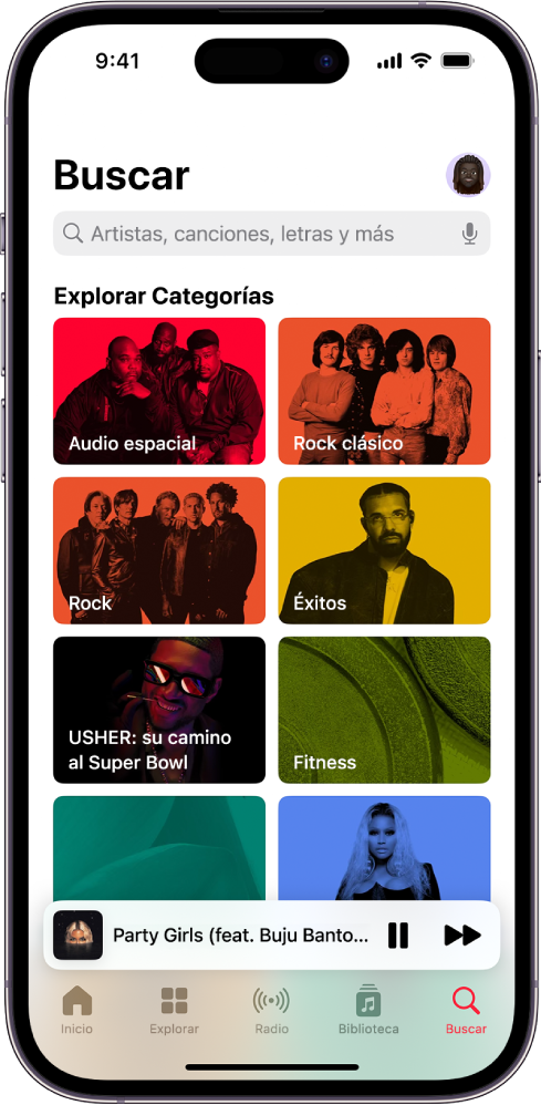 La pantalla Buscar mostrando un campo de búsqueda en la parte superior. La sección Explorar categorías debajo muestra ocho categorías.
