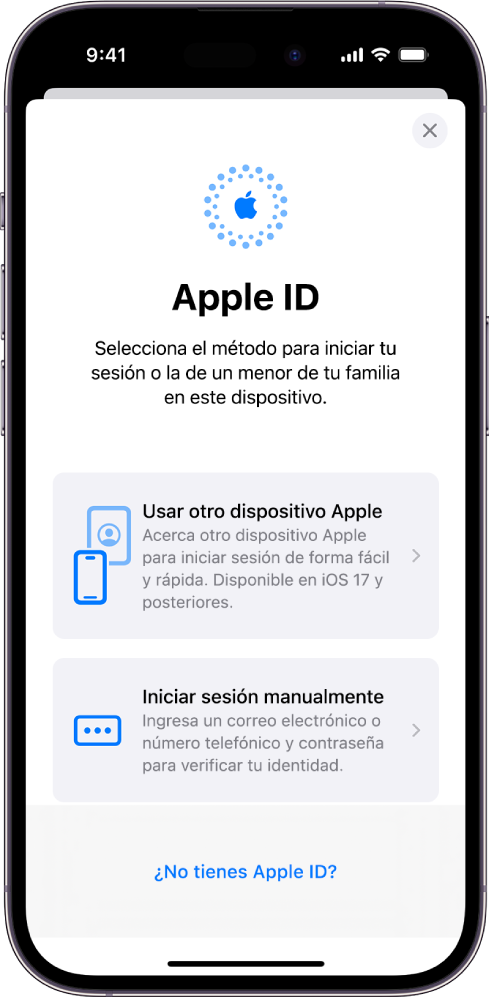 La pantalla de inicio de sesión de Apple ID con opciones para iniciar sesión utilizando otro dispositivo Apple o iniciar sesión manualmente, así como una opción para indicar que no tienes un Apple ID.
