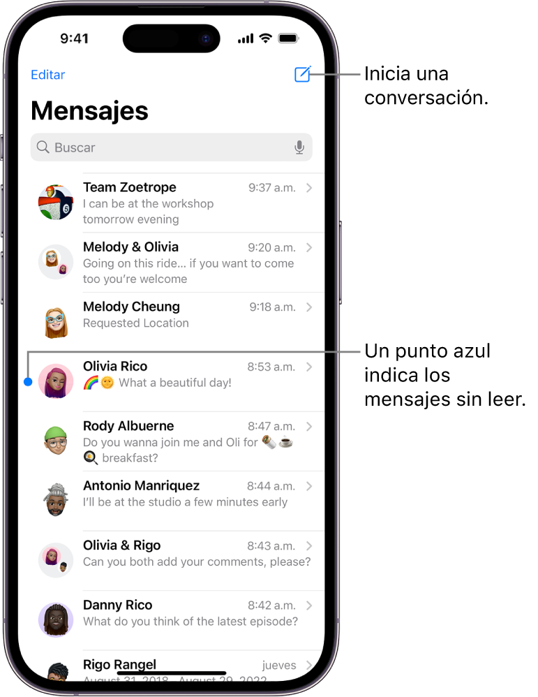 La lista de conversaciones de Mensajes con el botón Redactar en la parte superior derecha. Un punto azul a la izquierda del mensaje indica que no se ha leído.