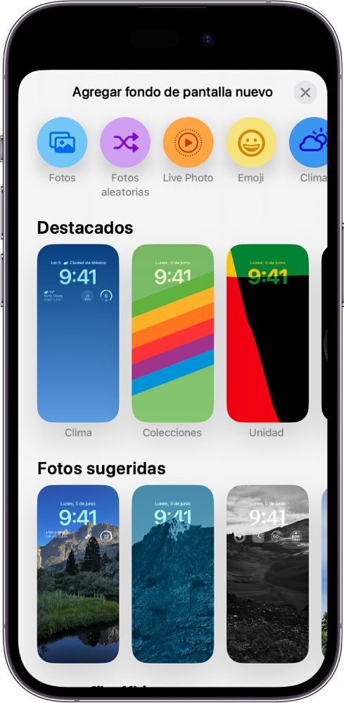 La pantalla Agregar nuevo fondo de pantalla muestra una galería de opciones de fondos de pantalla para personalizar la pantalla bloqueada del iPhone.