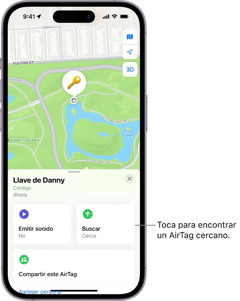 La app Encontrar abierta, mostrando las llaves de Dani en el bosque de Chapultepec. Toca el botón Buscar para localizar un AirTag cercano.