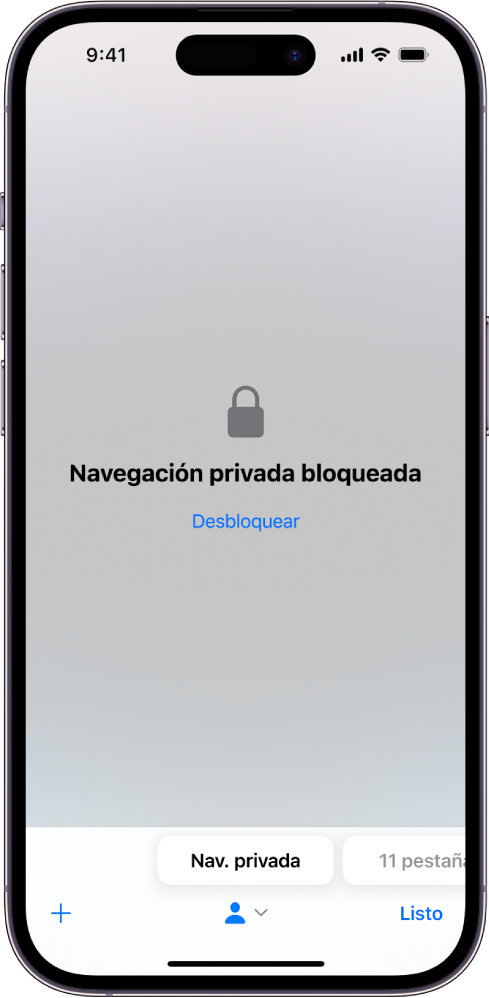 Safari está abierto en el modo de navegación privada. En el centro de la pantalla está el mensaje La navegación privada está bloqueada. Debajo de este, hay un botón para desbloquear.