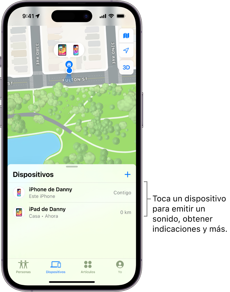 La pantalla de Encontrar abierta mostrando la lista Dispositivos. Se muestran dos dispositivos en la lista Dispositivos: iPhone de Alberto y iPad de Alberto Sus ubicaciones se muestran en un mapa.