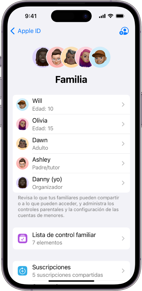 La pantalla de Compartir en familia en Configuración. Aparecen cinco integrantes de la familia. Debajo de sus nombres está la lista de control familiar y las opciones Suscripciones y Compartir compras.