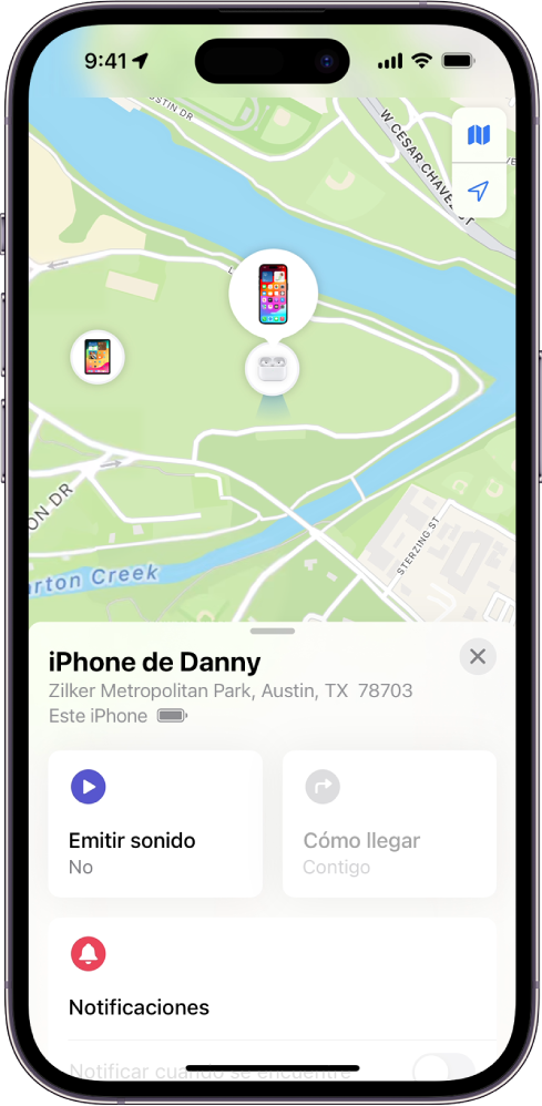 La pantalla Encontrar mostrando la ubicación de un iPhone en un mapa en la parte superior de la pantalla.