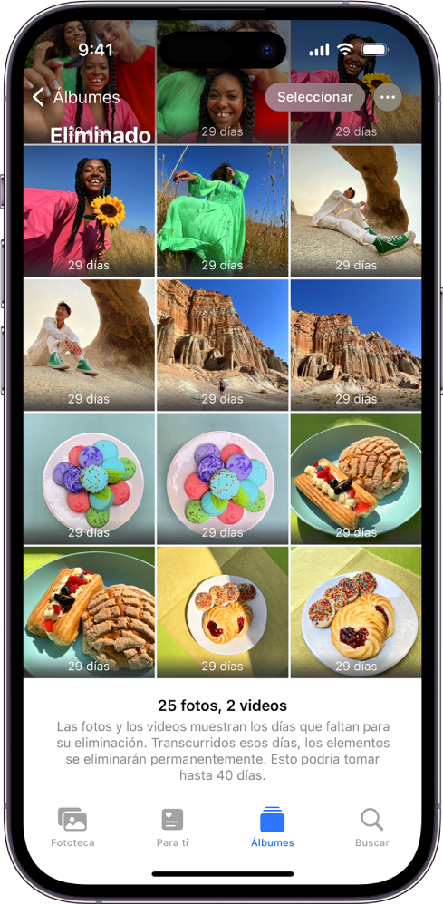 La carpeta Eliminado de la app Fotos. Las fotos eliminadas recientemente aparecen en una disposición de cuadrícula en la pantalla.