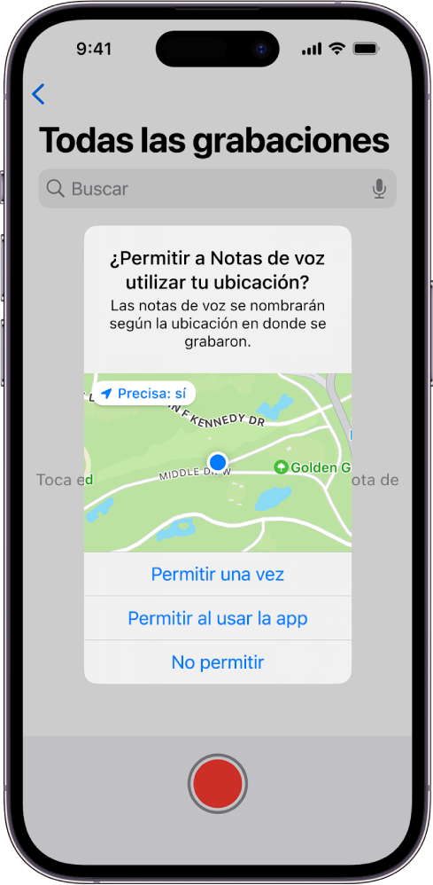 Una solicitud de una app para usar los datos de localización en el iPhone. Las opciones disponibles son Permitir una vez, Permitir al usar la app y No permitir.