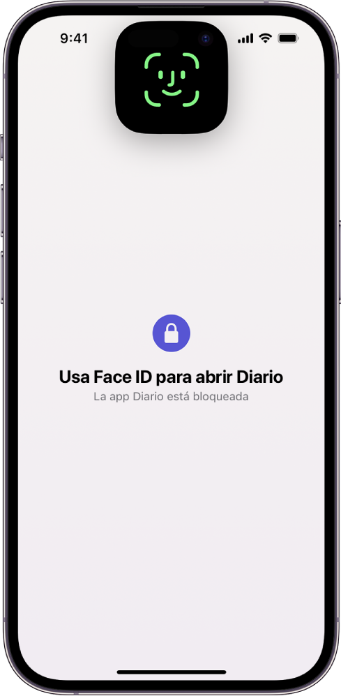 Una pantalla que solicita usar Face ID para desbloquear el diario.