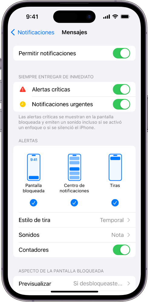 El iPhone con la configuración de Mensajes para las notificaciones y las alertas.
