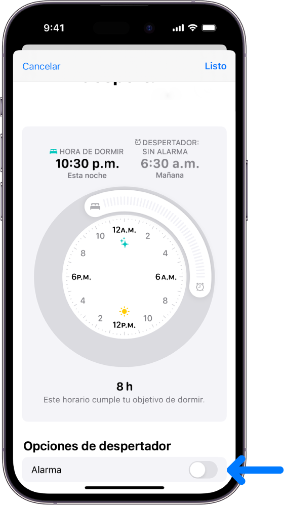 La pantalla Sólo siguiente despertar en la app Salud con la opción Alarma desactivada en la parte inferior.