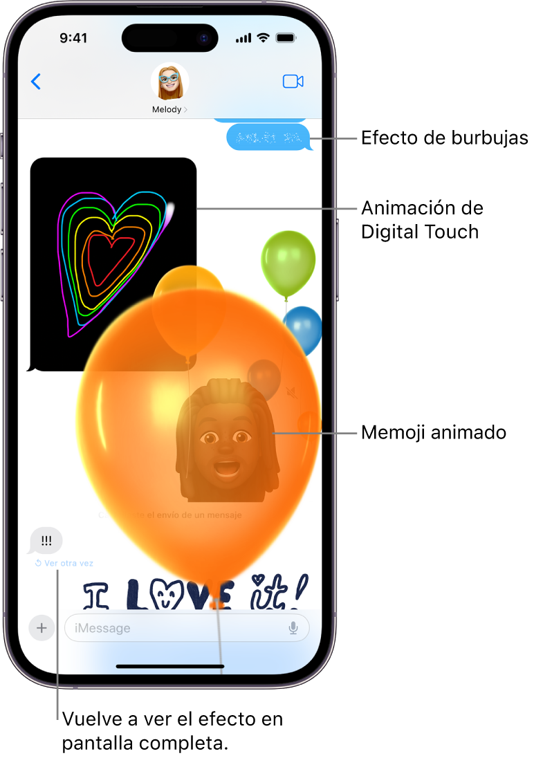 Una conversación de Mensajes con efectos de pantalla completa y burbujas, así como animaciones de Digital Touch y un mensaje escrito a mano.