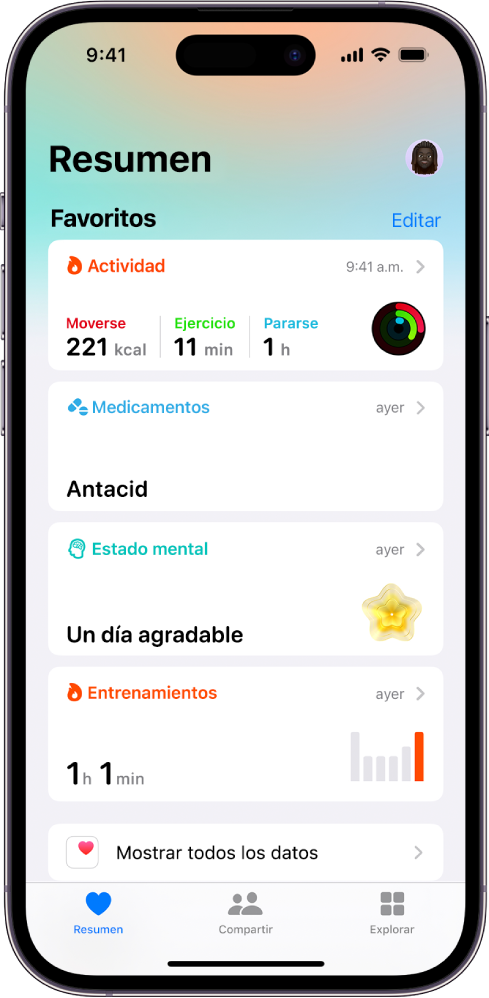 La pantalla Resumen de la app Salud. La información sobre actividad, medicamentos, estado de ánimo y entrenamientos aparece debajo de Favoritos.