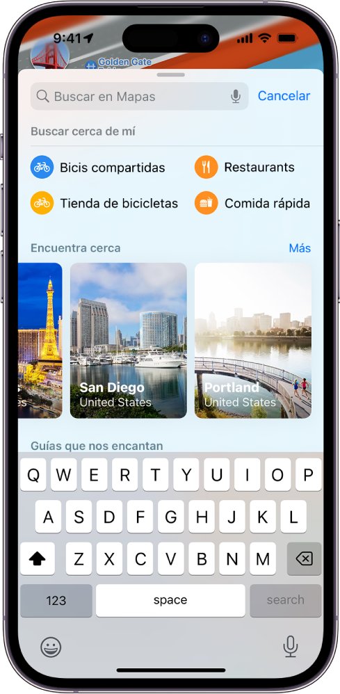 Una tarjeta de búsqueda en la app Mapas. Las categorías cercanas debajo del campo de búsqueda incluyen Servicios de bicicletas compartidas y Restaurantes.
