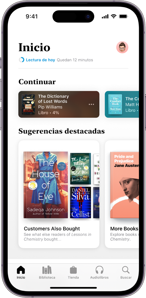 La pantalla Inicio de la app Libros. En la parte inferior de la pantalla, de izquierda a derecha, se encuentran las pestañas Inicio, Biblioteca, Tienda, Audiolibros y Buscar. La pestaña Inicio está seleccionada.