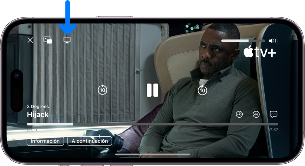 Una película reproduciéndose en la pantalla del iPhone. En el centro de la pantalla se muestran los controles de reproducción. El botón AirPlay está cerca de la parte superior izquierda.