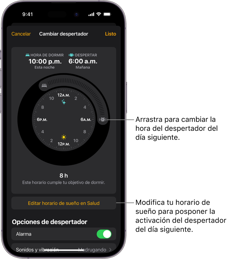 Una pantalla para cambiar la alarma del día siguiente, con botones que se pueden arrastrar para cambiar las horas de dormir y de despertar, un botón para cambiar el horario de sueño en la app Salud, y un botón para activar o desactivar el despertador.