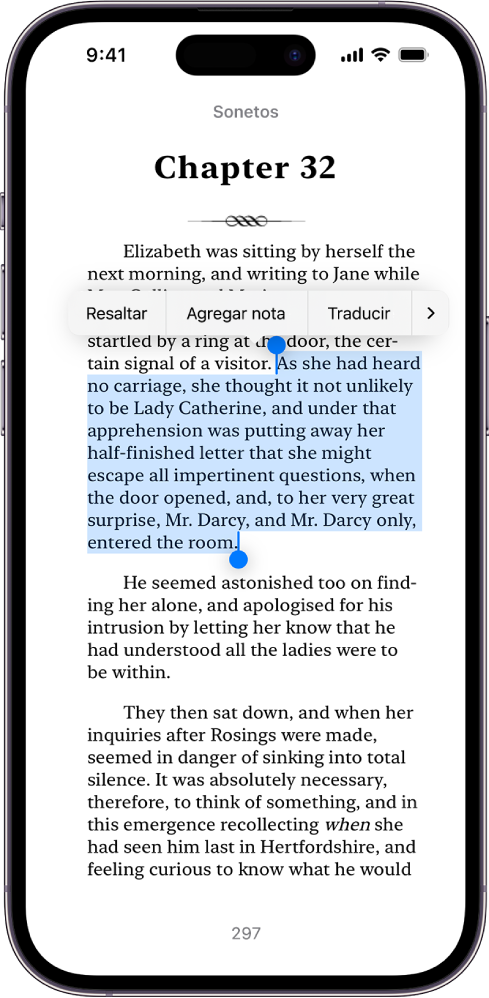 Una página de un libro en la app Libros con una parte del texto de la página seleccionado. Los controles Resaltar, Agregar nota y Traducir están arriba del texto seleccionado.