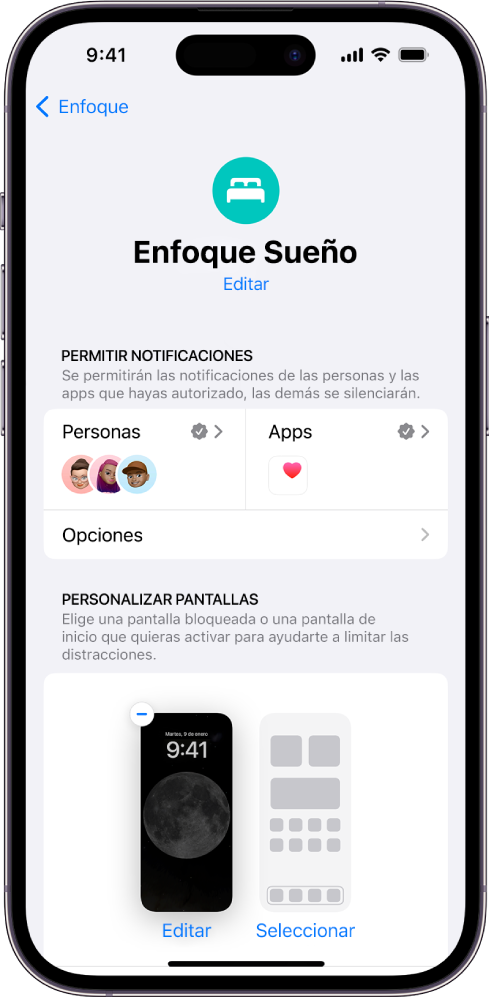 La pantalla del enfoque Sueño mostrando que tres personas y una app tienen permitido enviar notificaciones.