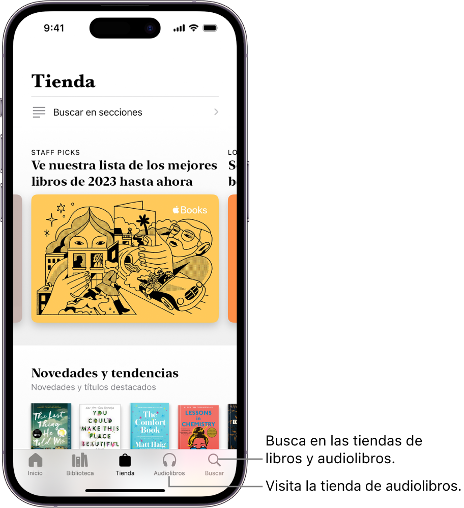La pestaña Tienda de la app Libros. En la parte inferior de la pantalla, de izquierda a derecha, se encuentran las pestañas Inicio, Biblioteca, Tienda, Audiolibros y Buscar. La pestaña Tienda está seleccionada.