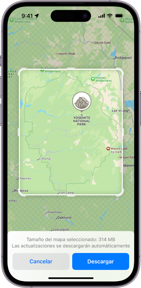 En la app Mapas, se selecciona una sección de un mapa. En la parte inferior de la pantalla se encuentran los botones Cancelar y Descargar.