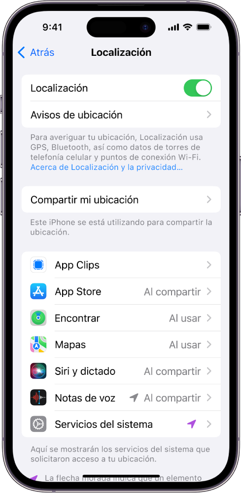 La pantalla Localización con la configuración para compartir la ubicación de tu iPhone, incluyendo ajustes personalizados para apps específicas.