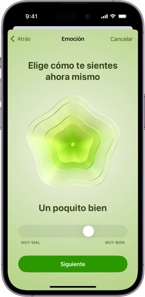 Una pantalla de la app Salud que indica que el estado de ánimo del momento es Un poquito bien. En la parte inferior de la pantalla hay un regulador para ajustar el nivel de la emoción.
