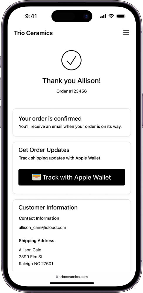 Una página de confirmación de orden mostrando el botón Dar seguimiento con Wallet de Apple.