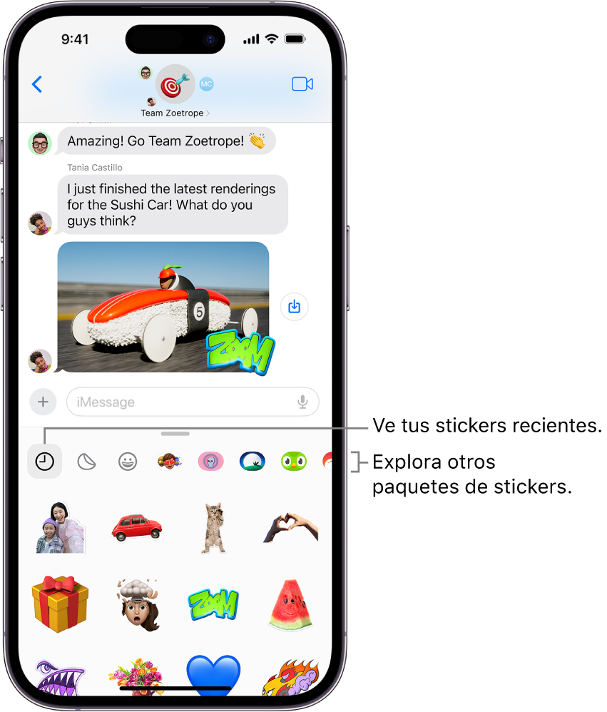 Varios stickers aparecen debajo de la conversación. Cada botón de la parte superior de la tarjeta abre un paquete de stickers.