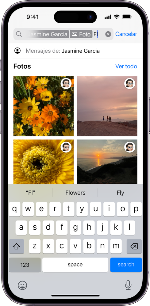 El campo de búsqueda en la app Mensajes. El campo de búsqueda contiene una etiqueta que limita la búsqueda a las fotos enviadas por una persona.