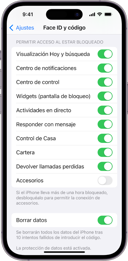 La pantalla “Face ID y código”, con ajustes para permitir el acceso a determinadas funciones cuando el iPhone está bloqueado.