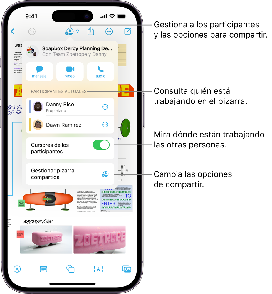 Una pizarra de Freeform compartida en el iPhone con el menú de colaboración abierto.