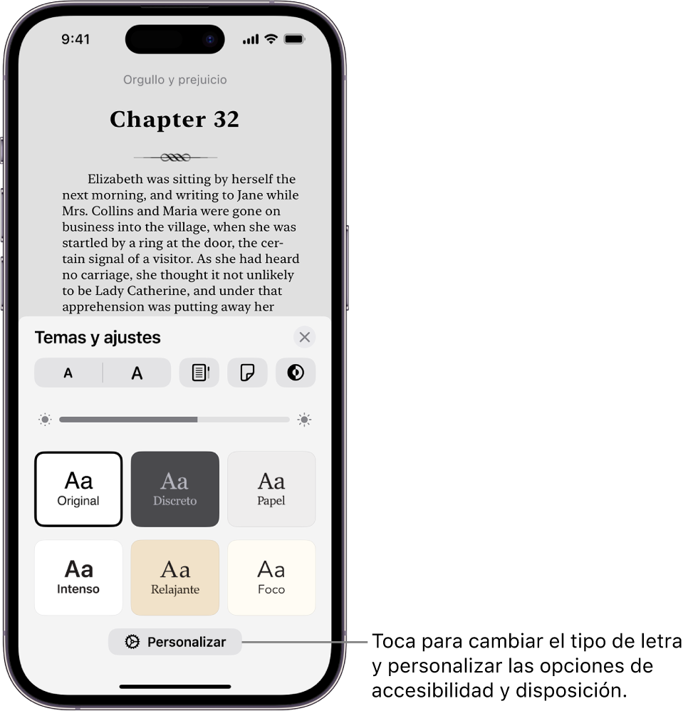 Página de un libro en la app Libros. Las opciones de temas y ajustes con los controles de tamaño de la letra, la vista del desplazamiento, el estilo al pasar de página, el brillo y los estilos del tipo de letra.
