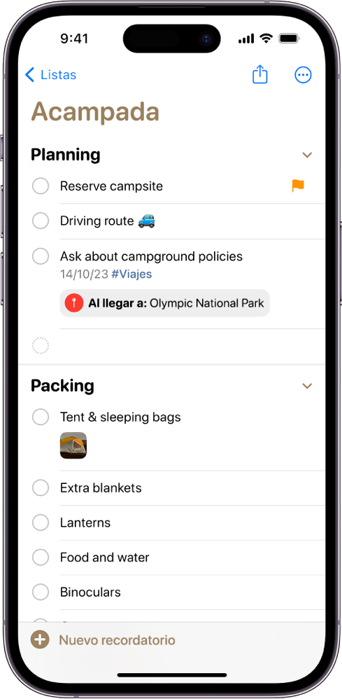 Lista de comprobación para una acampada en la app Recordatorios. Algunos ítems tienen etiquetas, ubicaciones, indicadores y fotos. El botón “Nuevo recordatorio” se encuentra abajo a la izquierda.