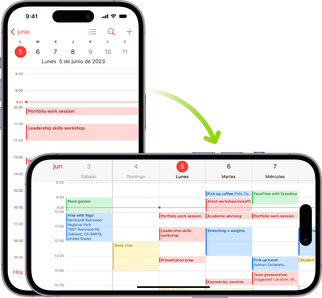 En segundo plano, el iPhone muestra una pantalla de Calendario, con los eventos de un día en sentido vertical; en primer plano, el iPhone está girado en horizontal y muestra los eventos de Calendario de toda la semana a la que pertenece ese día.